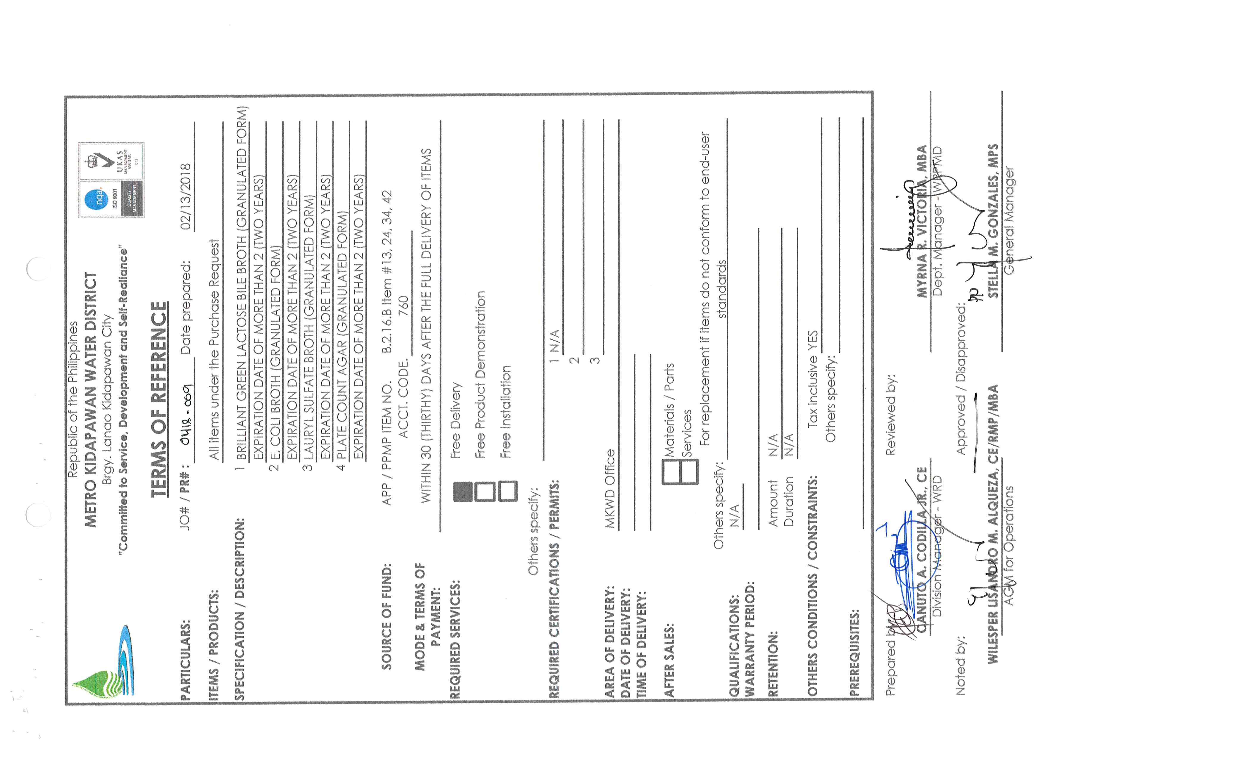 PR# 0418-009 CANVASS AND TOR – METRO KIDAPAWAN WATER DISTRICT