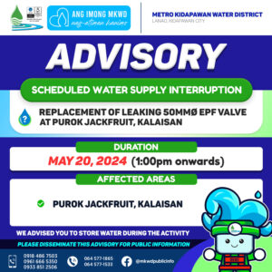 Read more about the article SCHEDULED INTERRUPTION: Replacement of Leaking 50mmØ EPF Valve at Purok Jackfruit, Kalaisan