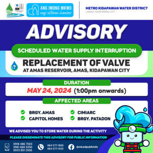 Read more about the article SCHEDULED INTERRUPTION: Replacement of Valve at Amas Reservoir, Amas, Kidapawan City