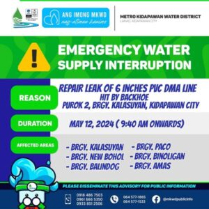 Read more about the article EMERGENCY INTERRUPTION: Repair Leak of 6 inches PVC DMA Line hit by Backhoe, Purok 2, Brgy. Kalasuyan, Kidapawan City