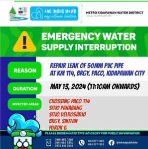 Read more about the article EMERGENCY INTERRUPTION: Repair Leak of 50mm PVC pipe at KM 114, Brgy. Paco, Kidapawan City